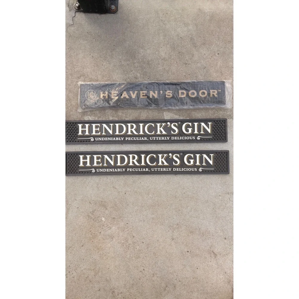 Hendrick's Gin & Heaven's Door Rubber Bar Mats Set of 3 Black Spill Mats Rail